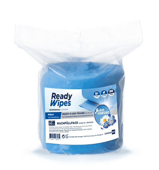 CleaningBox 5-in-1 Kompostierbare ReadyWipes Möbel & Oberflächen 50er Nachfüllpackung Blau, 30x30 cm