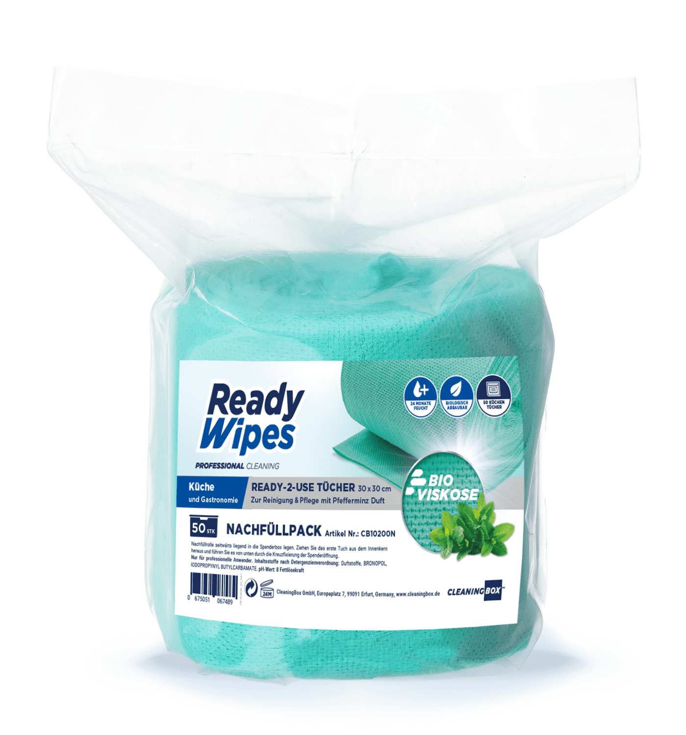 CleaningBox 5-in-1 Kompostierbare ReadyWipes Gastronomie & Küche 50er Nachfüllpackung Grün, 30x30 cm