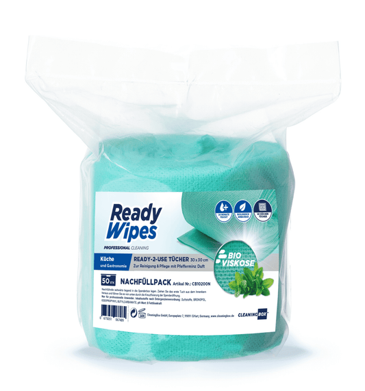 CleaningBox 5-in-1 Kompostierbare ReadyWipes Gastronomie & Küche 50er Nachfüllpackung Grün, 30x30 cm