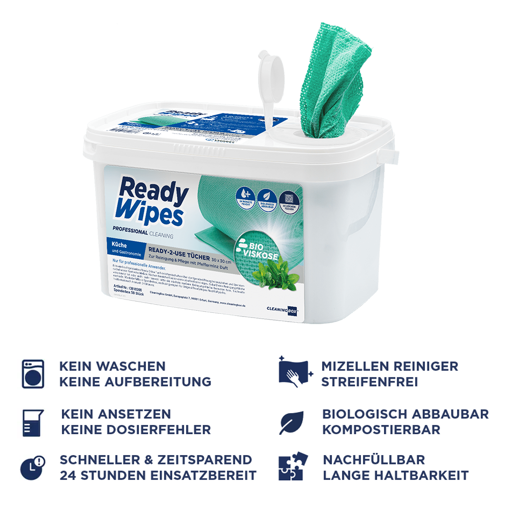 CleaningBox 5-in-1 Kompostierbare ReadyWipes Gastronomie & Küche 50er Nachfüllpackung Grün, 30x30 cm