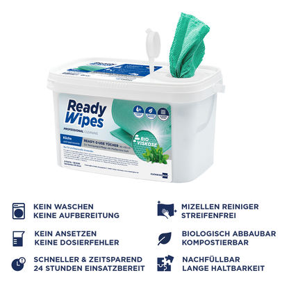 CleaningBox 5-in-1 Kompostierbare ReadyWipes Gastronomie & Küche 50er Nachfüllpackung Grün, 30x30 cm