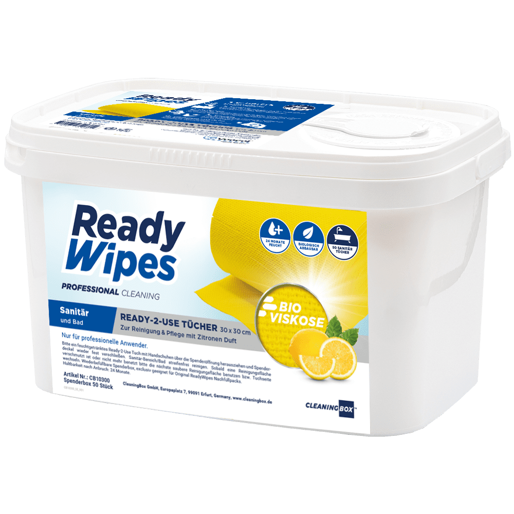 CleaningBox 5-in-1 Compostable ReadyWipes Sanitary &amp; Bathroom 50-Count Dispenser Box Yellow, 30x30 cm 