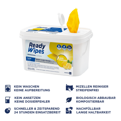 CleaningBox 5-in-1 Compostable ReadyWipes Sanitary &amp; Bathroom 50-Count Dispenser Box Yellow, 30x30 cm 