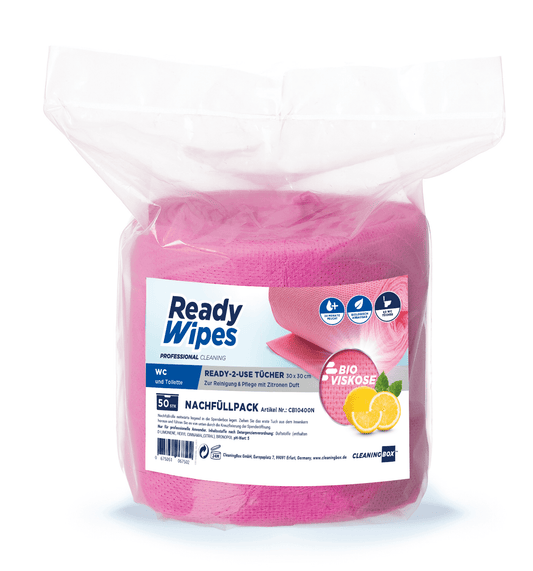 CleaningBox 5-in-1 Kompostierbare ReadyWipes WC & Toilette 50er Nachfüllpackung Rot, 30x30 cm