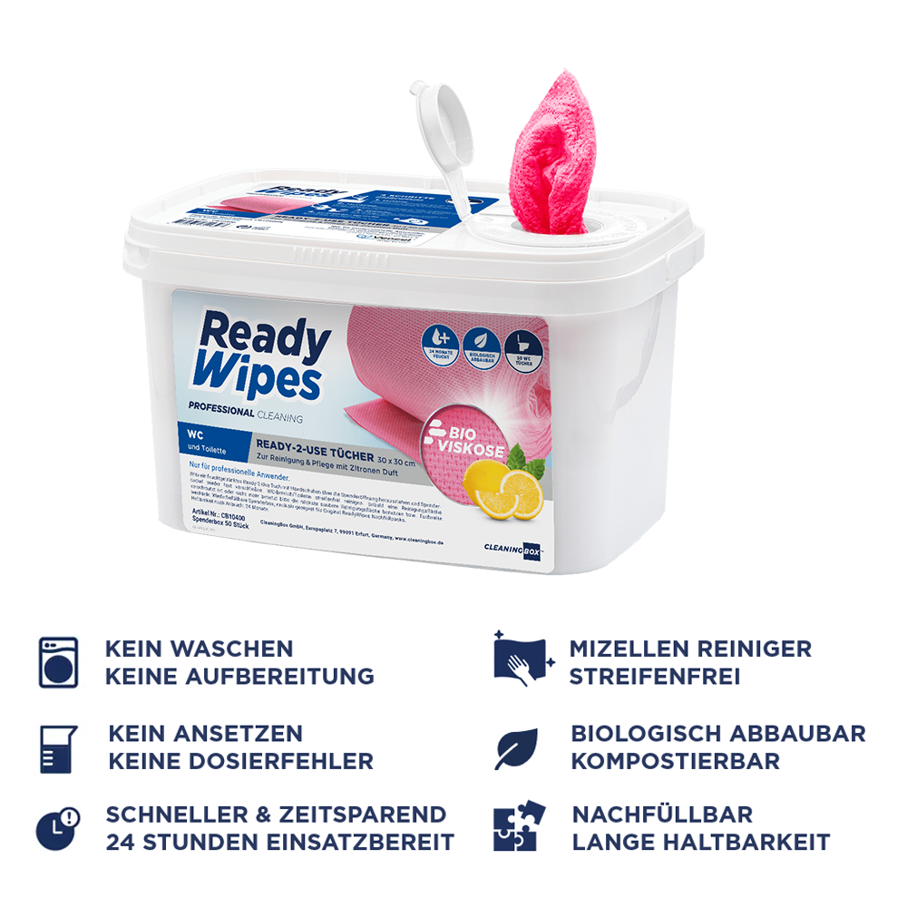 CleaningBox 5-in-1 Kompostierbare ReadyWipes WC & Toilette 50er Spenderbox Rot, 30x30 cm