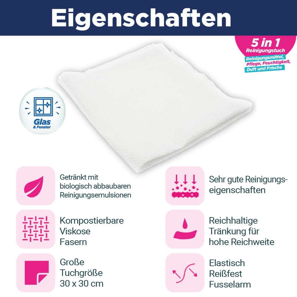 CleaningBox 5-in-1 Kompostierbare ReadyWipes Glas & Fenster 50er Nachfüllpack Weiß, 30x30 cm