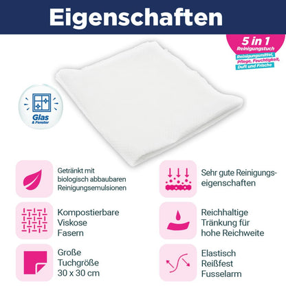 CleaningBox 5-in-1 Kompostierbare ReadyWipes Glas & Fenster 50er Nachfüllpack Weiß, 30x30 cm