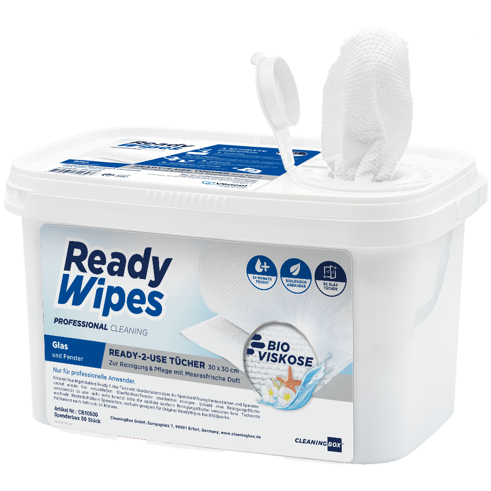 CleaningBox 5-in-1 Kompostierbare ReadyWipes Glas & Fenster 50er Nachfüllpack Weiß, 30x30 cm