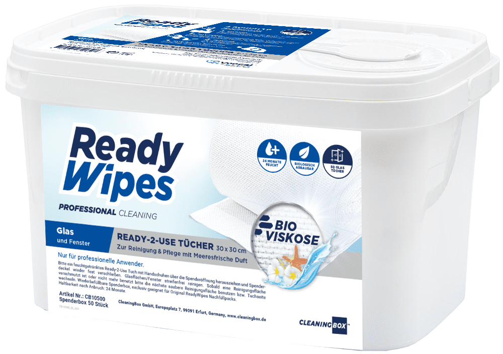 CleaningBox 5-in-1 Kompostierbare ReadyWipes Glas & Fenster 50er Nachfüllpack Weiß, 30x30 cm