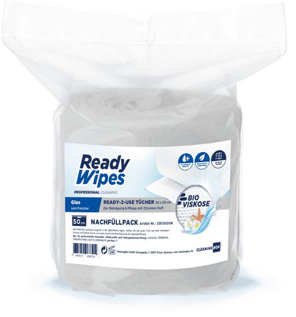CleaningBox 5-in-1 Kompostierbare ReadyWipes Glas & Fenster 50er Nachfüllpack Weiß, 30x30 cm