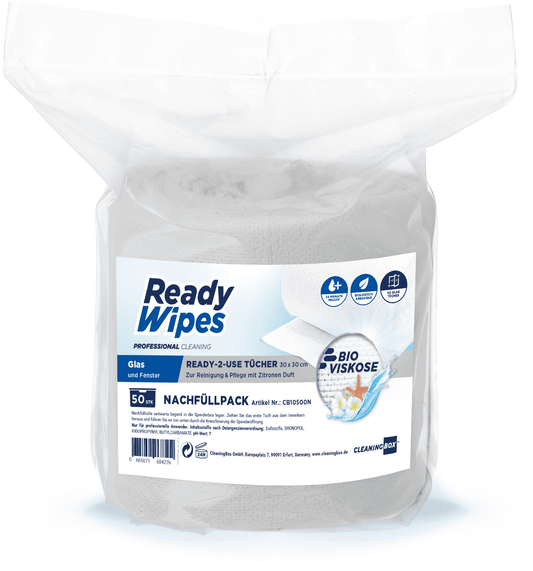 CleaningBox 5-in-1 Kompostierbare ReadyWipes Glas & Fenster 50er Nachfüllpack Weiß, 30x30 cm