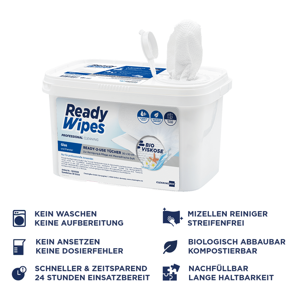 CleaningBox 5-in-1 Kompostierbare ReadyWipes Glas & Fenster 50er Nachfüllpack Weiß, 30x30 cm