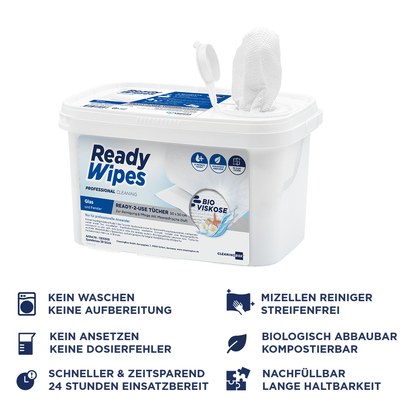 CleaningBox 5-in-1 Kompostierbare ReadyWipes Glas & Fenster 50er Nachfüllpack Weiß, 30x30 cm