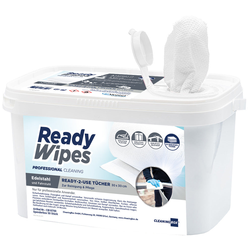 CleaningBox 4-in-1 ReadyWipes Reinigungstücher Edelstahl & Fahrstuhl 50er Spenderbox