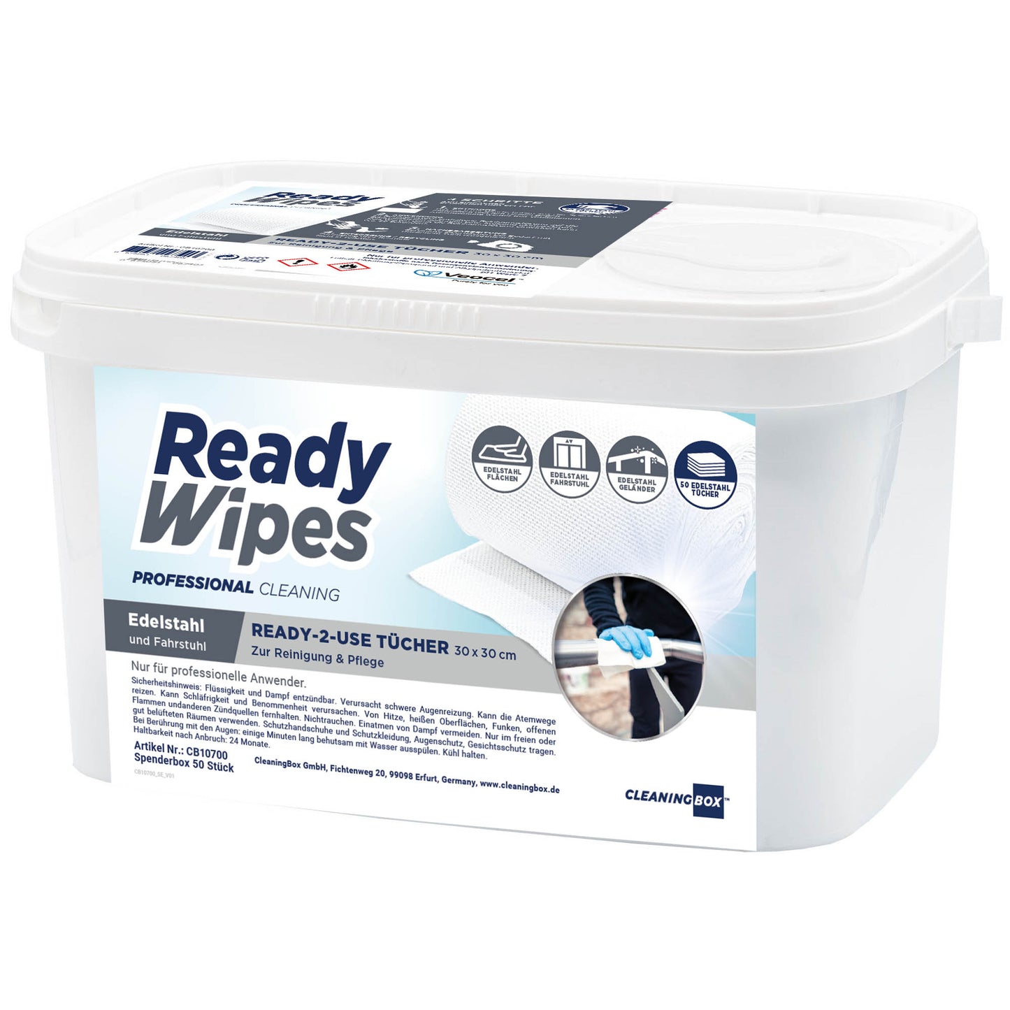 CleaningBox 4-in-1 ReadyWipes Reinigungstücher Edelstahl & Fahrstuhl 50er Spenderbox