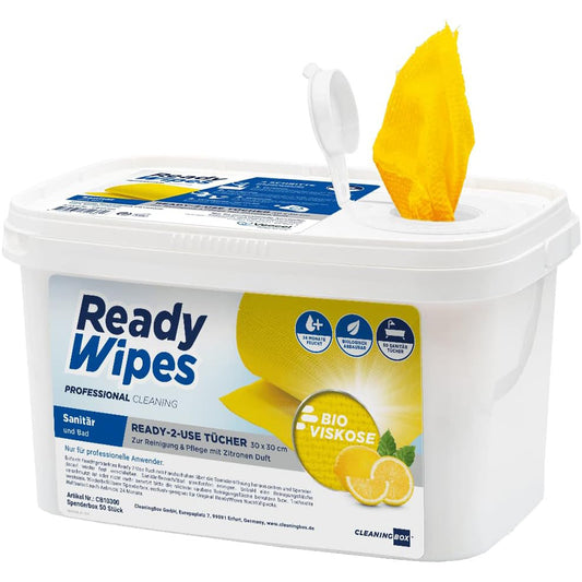CleaningBox 5-in-1 Kompostierbare ReadyWipes Sanitär & Bad 50er Spenderbox Gelb, 30x30 cm