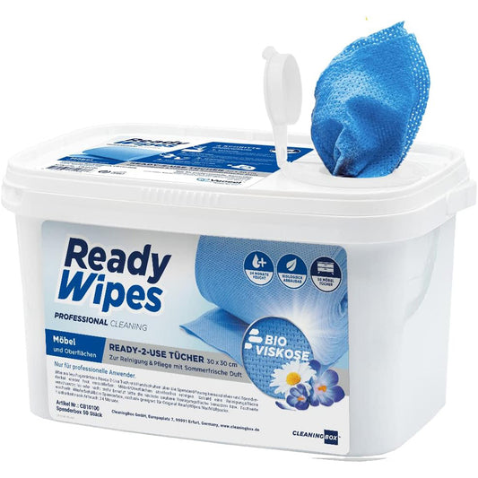 CleaningBox 5-in-1 Kompostierbare ReadyWipes Möbel & Oberflächen 50er Spenderbox Blau, 30x30 cm
